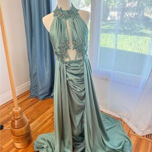 Elegant Green Halter Gown with Floral Embellishments